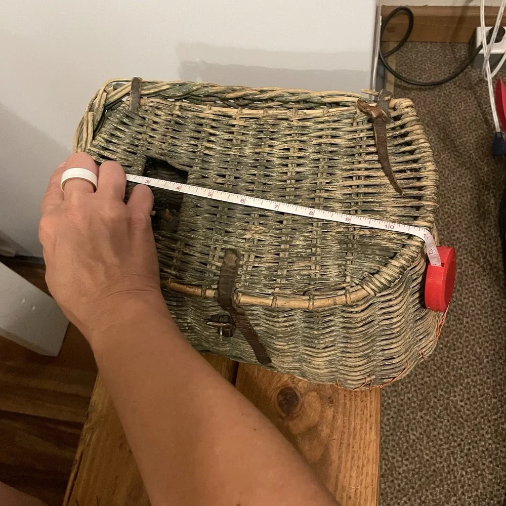 Vintage Green Fishing Creel Large Basket With Native Bead Style Leather Strap